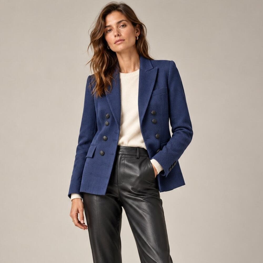 Veronica Beard 4 Italian Wool Plaid Blazer $695 Crest Button Jacket Navy Blue